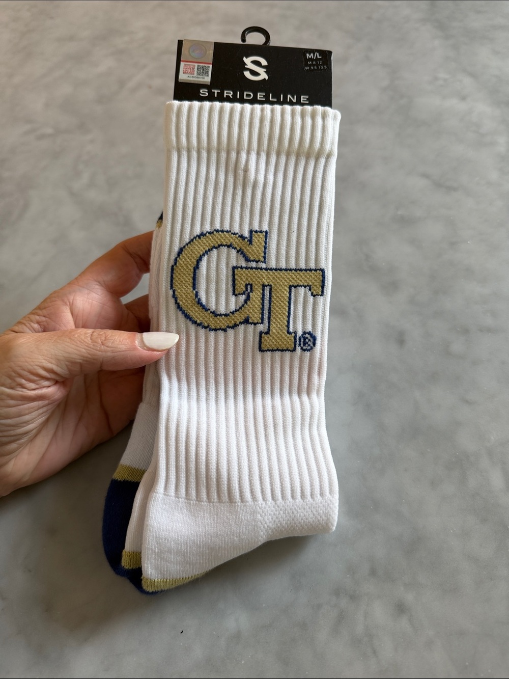 Strideline - Georgia Tech / GT Logo - White Athletic Crew Socks with Gold & Navy